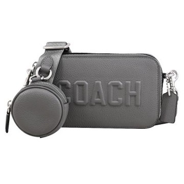 COACH CHARTER 品牌立體LOGO荔枝紋皮革拉鍊斜背包(灰-附零錢包)