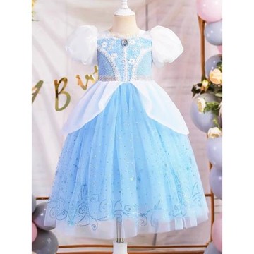 女童灰姑娘公主裙辛德瑞拉表演服小女孩氣質泡泡袖藍色印花愛莎裙