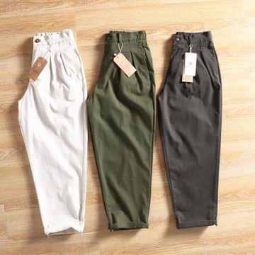 日系純棉寬松蘿卜褲男士春夏工裝褲微錐形九分褲休閑褲卡其色闊腿
