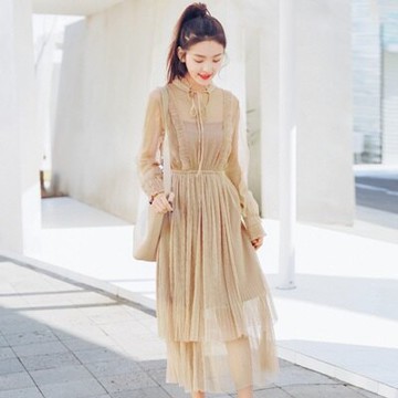 連身裙假兩件上衣-時尚優雅透視網紗女連衣裙2色73rx1【獨家進口】【米蘭精品】