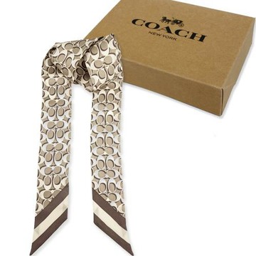 【COACH】C LOGO 100%蠶絲領帶長型絲巾領巾髮帶禮盒(灰咖)