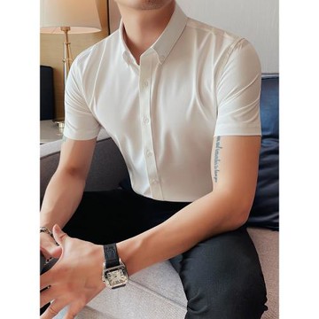 短袖襯衫男夏季純色百搭商務休閑高級感潮流帥氣英倫風痞帥白襯衣