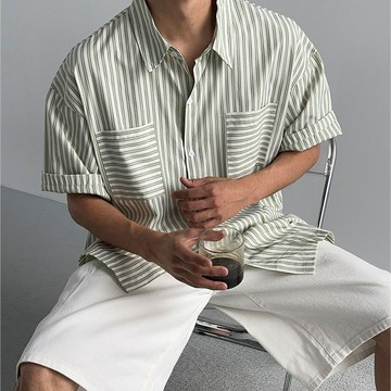 正韓純棉堅挺雙條紋口袋短袖襯衫 2色 YUPPIE 預購商品 0721