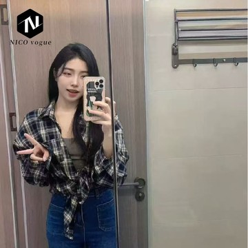 【Nico】冪式格子襯衫防曬慵懶設計感復古寬鬆襯衣開衫外套長袖上衣春秋季