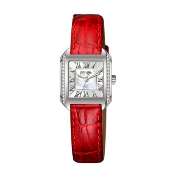 【Folli Follie】23毫米 方形 誥石鑲嵌 珍珠母貝錶盤 真皮錶帶腕錶(銀X紅 FF22B020-WR)