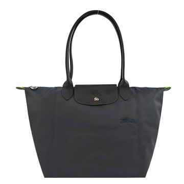 LONGCHAMP LE PLIAGE GREEN系列刺繡長把再生尼龍摺疊水餃包(大/石墨灰)