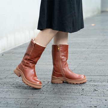 中筒靴毛裡機車靴真皮女靴