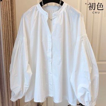 初色 法式純色圓領排扣皺褶長袖泡泡袖襯衫女上衣-共2色-38521(M-2XL可選)