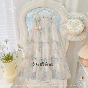 🔥韓系夢幻水彩暈染女童掛脖洋裝 兒童裙子甜美 女孩洋氣公主連衣裙 女童連身裙 女童長裙