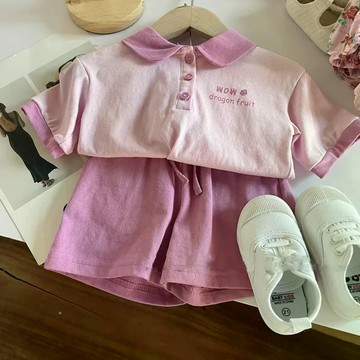 純棉polo領短袖T短褲兩件女童紫色系夏季新款韓版套裝潮 夏日套裝 中小童短袖上衣褲子兩件套 韓版套裝 女童套裝