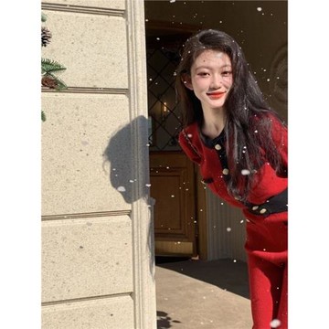 小香風紅色針織兩件套秋冬高級感新年圣誕喜慶小洋裝闊腿套裝褲女