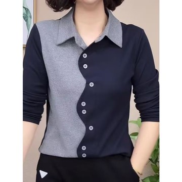 時尚媽媽裝長袖寬松襯衣女士2025春秋新款百搭休閑翻領拼色棉上衣