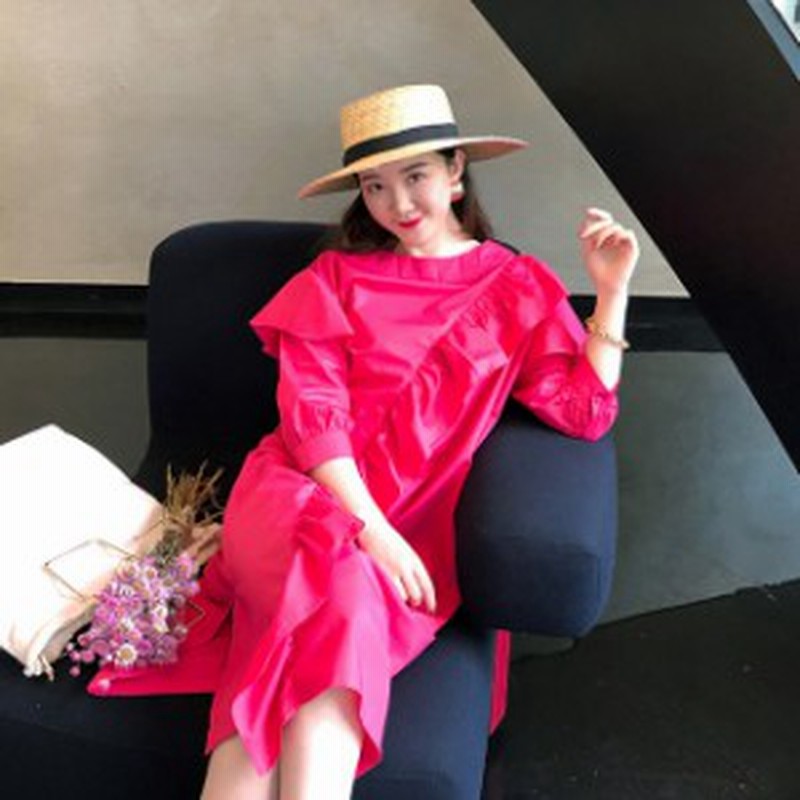 シャツワンピース ロング丈 七分袖 大人かわいい 肩フリル ワンピース ラウンドネック きれい色 リゾート 旅行 ゆったり 春夏 通販 Lineポイント最大get Lineショッピング