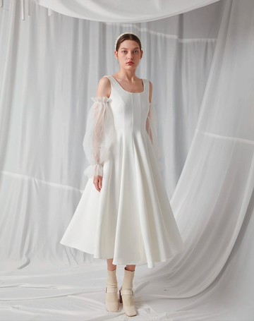 U 領無袖超長連身裙 - 白色