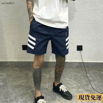 🌟全場免運🌟 新款2026 夏季 短褲男士撞色拼接條紋休閒褲寬鬆鬆緊腰皮織帶潮短褲