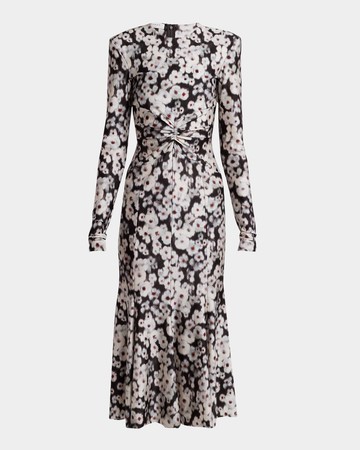 Floral-Print Strong-Shoulder Long-Sleeve Midi Dress