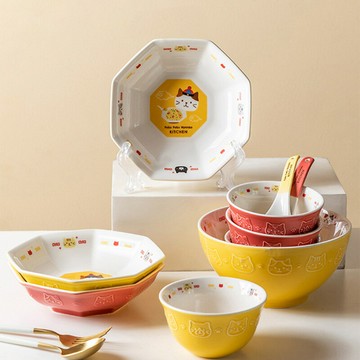 日式餐具陶瓷碗可愛貓咪家用碗盤套裝釉下彩不規則餐盤沙拉碗