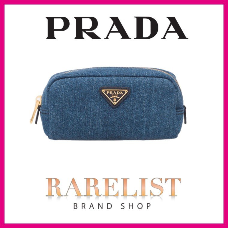プラダ PRADA ポーチ コスメポーチ 小物入れ デニム ブルー ゴールド 