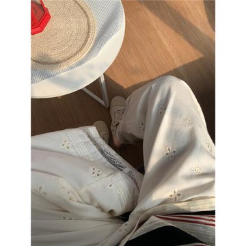 ASHENONLINE雪頂奶霜 原創長褲女夏季蕾絲鏤空直筒高腰白色休閑褲