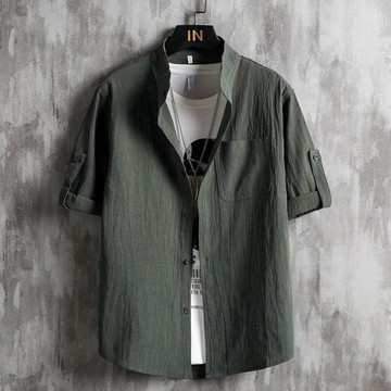 亞麻襯衫男短袖立領襯衣寬松男裝中國風夏季薄款棉麻男士休閑上衣