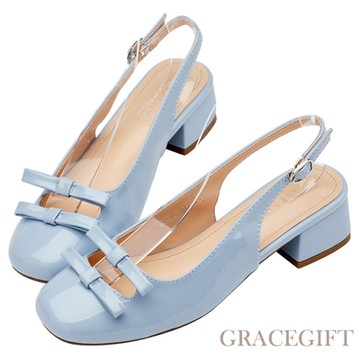 【Grace Gift】甜美雙蝴蝶結圓頭後空跟鞋 藍漆