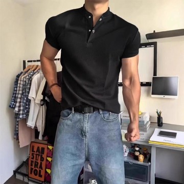美式黑色亨利領短袖男款夏季polo衫健身衣服高級感華夫格運動t恤