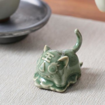 梅子青陶瓷茶寵可愛小老虎茶桌茶室擺件中式復古茶具配件