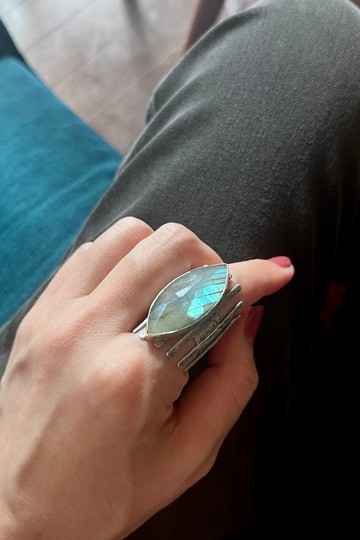 獨一無二 拉長石 戰士戒指 可調式尺寸 925銀 誇張戒指