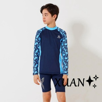 Xuan♥2021新款兒童泳衣男童中大童分體平口加長泳褲防曬速乾泳衣泳帽