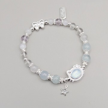 天然水晶 貓咪造型手鍊 海藍寶+紫水晶+藍月光石+白水晶 手環