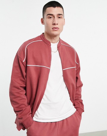 ASOS DESIGN co-ord oversized jersey track jacket with piping in red