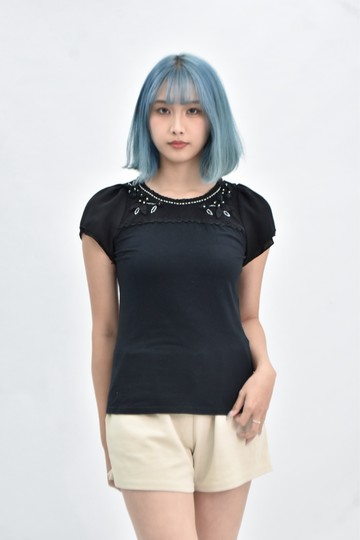 (F) noue rue 棉質蕾絲黑色短袖上衣