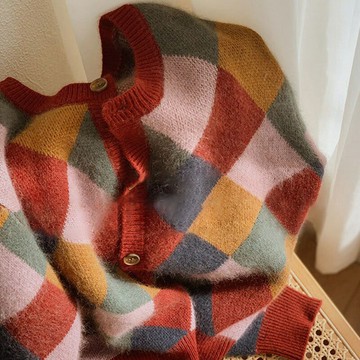 歐洲站浣熊絨彩虹菱格圣誕毛衣女2022春秋單排扣設計感針織開衫潮
