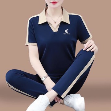 (免運)翻領短袖運動套裝女夏季2025新款中年媽媽洋氣減齡大碼冰絲兩件套