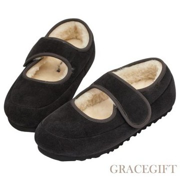 【Grace Gift】輕甜冬日真皮毛毛輕量瑪莉珍平底鞋 黑