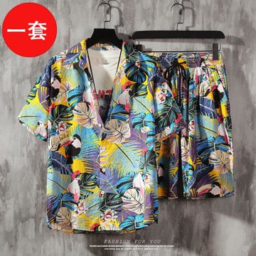 夏威夷海邊沙灘度假套裝男寬松大碼情侶潮牌短袖花襯衣休閑兩件套
