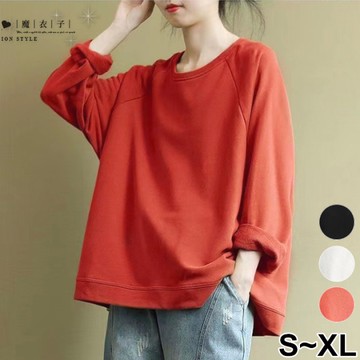 【QV5051】魔衣子-純色落肩開叉擺圓領寬鬆長袖上衣