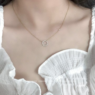 通體925純銀圓形鏤空鑲鉆項鏈chic簡約仙氣韓版輕奢鎖骨鏈1入