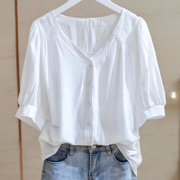 白色襯衫女2025新款夏季薄款短袖寬松高級感輕奢減齡洋氣v領上衣