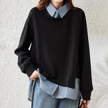 麗質達人 - 6390黑色條紋拼接假二件上衣-LY