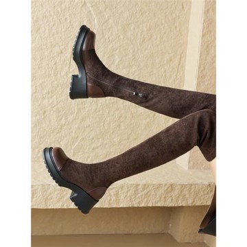 過膝長靴女彈力靴子大碼防水臺粗跟中跟騎士靴圓頭厚底顯瘦長筒靴