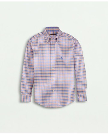 Brooks Brothers Boys Non-Iron Stretch Cotton Oxford Multicolored Plaid Sport Shirt | Coral | Size XL