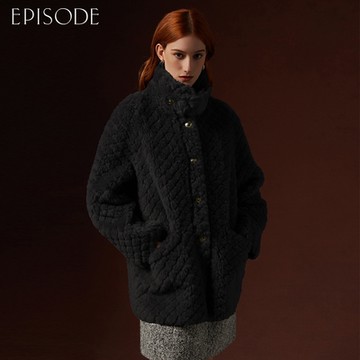 EPISODE - 寬鬆保暖菱格紋立領翻領羊毛外套E35C03（黑）