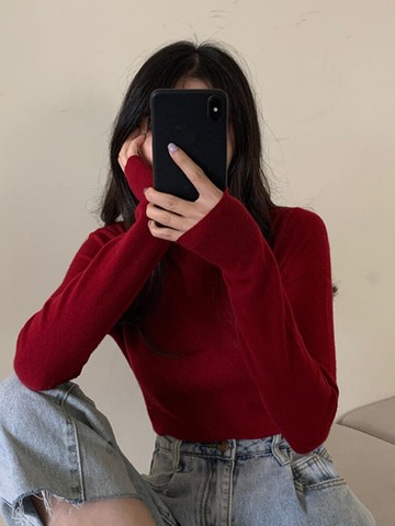 酒紅色半高領打底針織衫女內搭春秋冬季修身大紅純色長袖上衣百搭