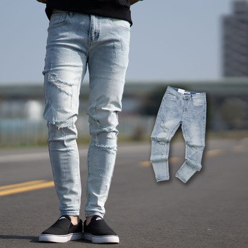 【NB1638J】淺藍刷白破洞抽鬚合身版彈性牛仔褲(MW6058)