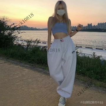 ✨可開發票#美式複古淺花灰色褲子女鞦夏潮牌新款寬鬆闊腿直筒休閒運動衛褲#免運費