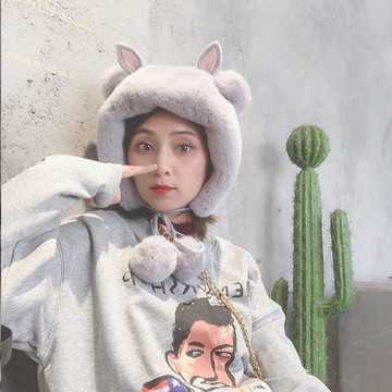 小紅帽親子專制萌耳朵毛毛護耳雷鋒帽冬季保暖綁帶帽子成人兒童帽1入