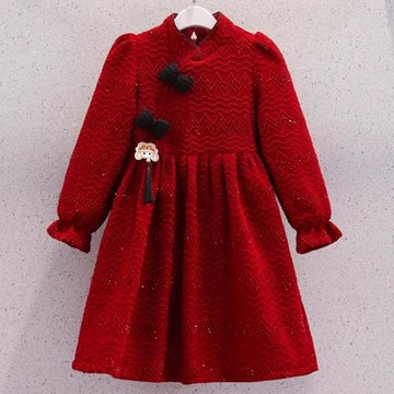 女童紅色連衣裙加絨旗袍公主裙中國風新年兒童過年裙子復古拜年服