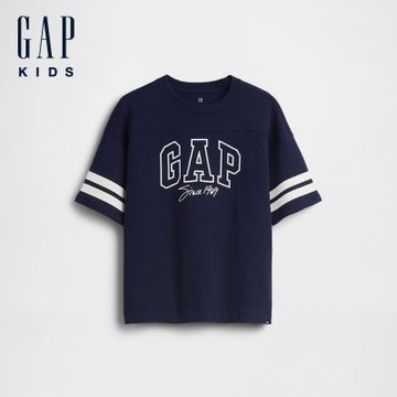 【GAP】兒童寬版 Logo 拼接T恤-制服深藍/標準灰(899708)