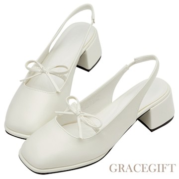 【Grace Gift】日系微甜方頭蝴蝶結後空中跟瑪莉珍鞋 白
